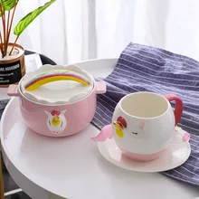 Корейский милый розовый единорог керамическая чашка креативная керамическая посуда студенческий подарок набор посуды милые кружки для Кофе Чаша Единорог блюдо