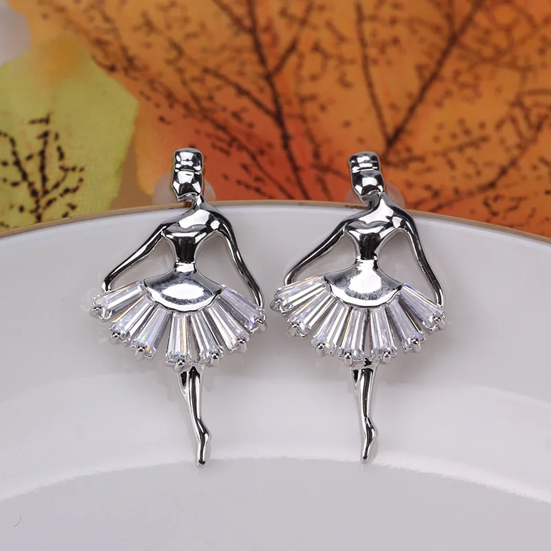 

Lovely Ballet Dancing Girl Earrings AAA Cubic Zircon Stud Earrings Female Simple Temperament 925 Silver Earrings for Women Gift