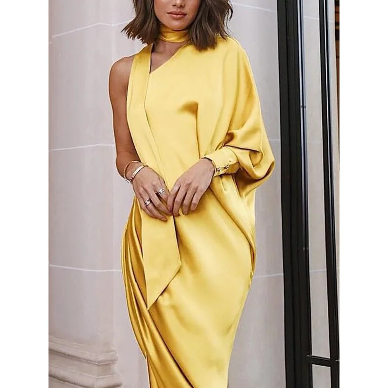 

2019 elegant one-shoulder solid ankle length banquet woman dresses new style spring split asymmetric party dresses female