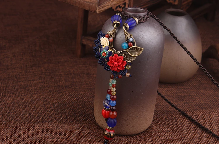 Плетеное модное винтажное ожерелье с кисточкой ручной работы, Женские Ювелирные изделия с цветами lapis, новое этническое ожерелье в технике клуазоне