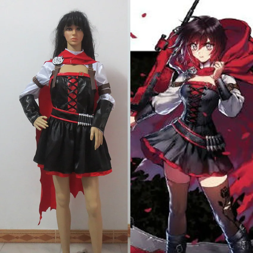 

Anime Ruby Rose Cosplay Red Dress Cloak Battle Uniform Hollowen Karneval Party Supply Costume Full Set