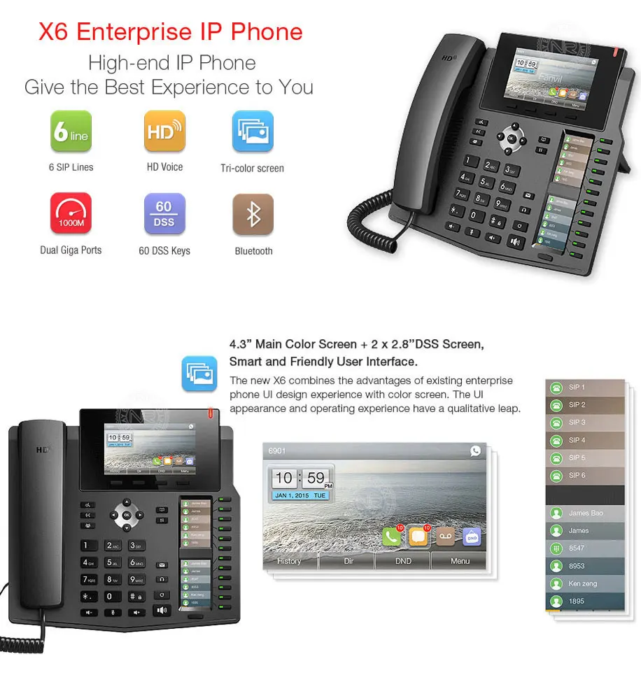 X6 IP телефон предприятия Настольный телефон, который с 2 интеллектуальными DSS Key Mapping цветной ЖК VoIP телефон