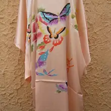 Розовый Живопись китайский Для женщин шелковый халат ночная рубашка юката Цветок Один размер S4011