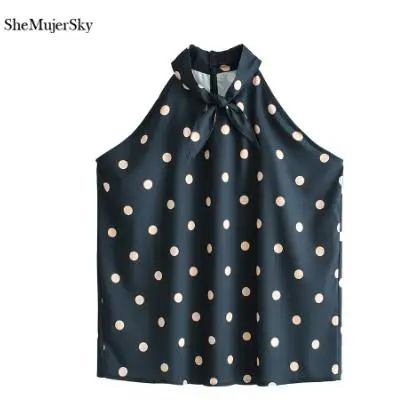 dark blue tops SheMujerSky темно синий безрукавки для женщин для розовый горошек печати жилеты летние топы галстук бабочка топ - Цвет: dark blue tops