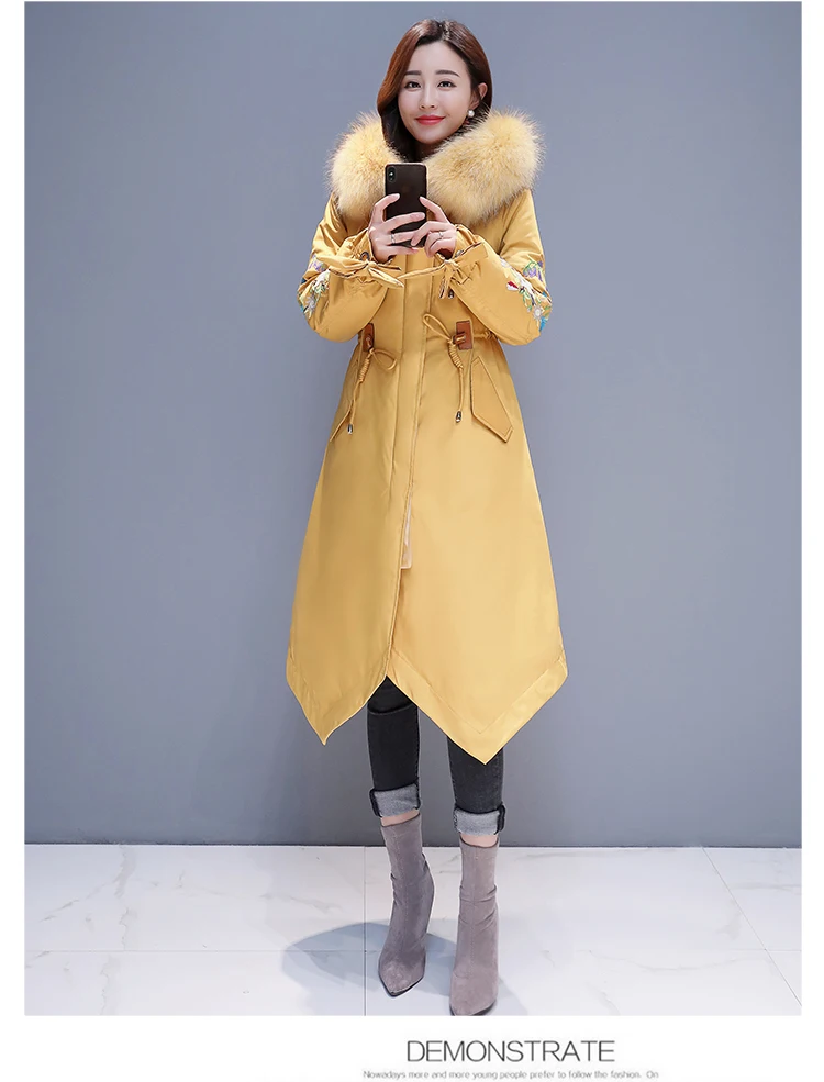 Одежда в китайском национальном стиле, пуховое хлопковое пальто, женская зимняя куртка с воротником из натурального меха, Женская винтажная парка с вышивкой, A613