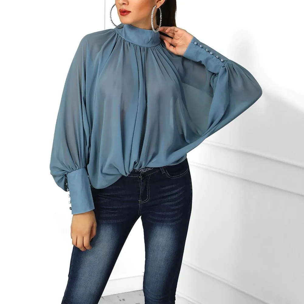 

Women Loose Casual Chiffon Summer Sweet Solid Color Puff Sleeve Half-high Collar Bottoming Blouse