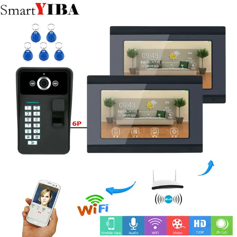 SmartYIBA 2*7inch Wired/Wifi Fingerprint RFID Password Video Door Phone Doorbell Intercom Entry System Support Remote APP