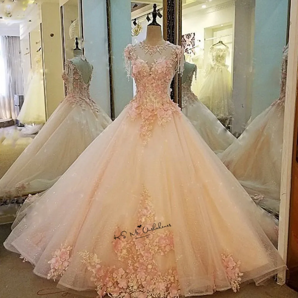 bridal shower dress Diamond Tulle Vintage Wedding Dress 2018 Vestidos de Noivas Pearls Flowers Pink Bride Dresses Custom Made Princesa Wedding Gowns long sleeve wedding dresses