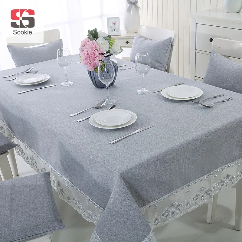 

Rectangle Table Cloth Double Layer Organza Lace Hem Solid Cotton Line Blending Table Covers Gray Tablecloth for Hotel Home Party
