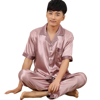 

Summer Men Short Sleeve Shirt+Pants Sleep Set Plus Size 3XL Male Satin 2PCS Sleepwear Solid Pajamas Suit Casual Home Wear