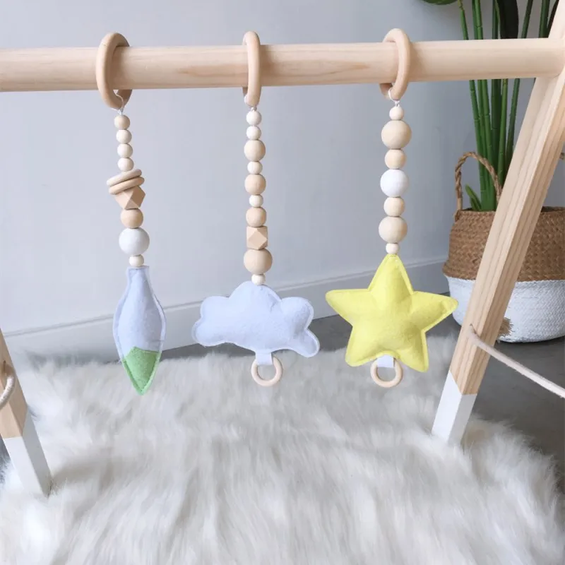 

3PCS Nordic Wooden Beads Ornaments With Felt Feather Cloud Star Hanging Pendant Baby Rattle Stroller Play Gym Toy Accessories