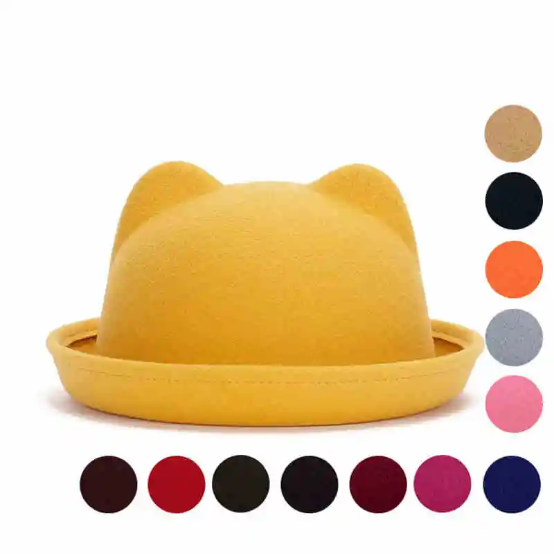 Girls Children Fedoras Hat Spring Bowler Hat Roll Brim Dome Top Devil Horns Cat Ear Felt Wool 20