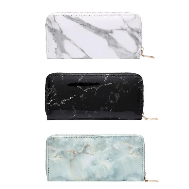 Creative Casual Women Lady Marble Patent Leather Long Clutch Girls Zipper Card Coin Holder Wallets Purses leather bag black