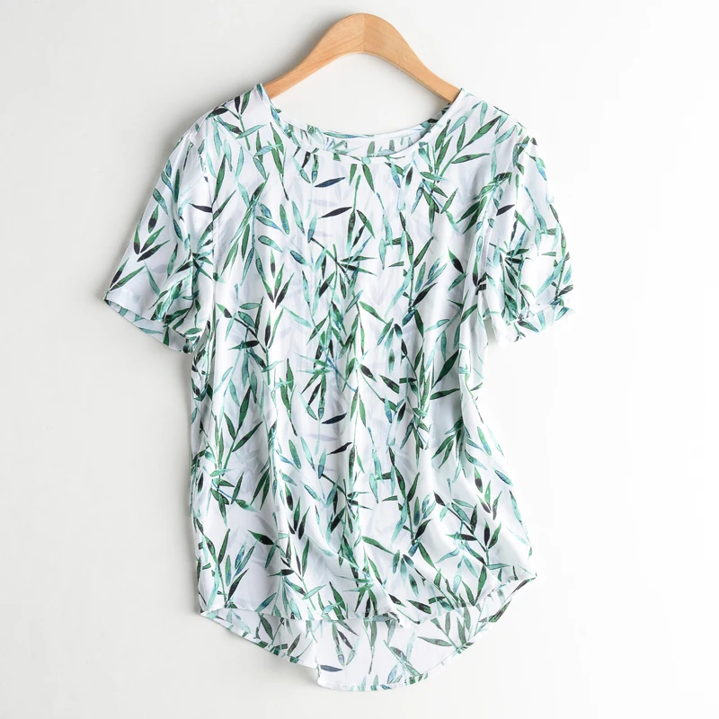 

Ladies 100% silk bamboo print short sleeve O-neck women T-shirt spring summer