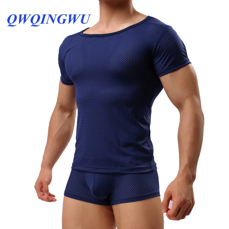 

Summer Fashion Man Mesh Slim Undershirts Breathable Gay Sexy Casual Polyester Sheer Fitness Bodybuilding Shirts Charm Undershirt