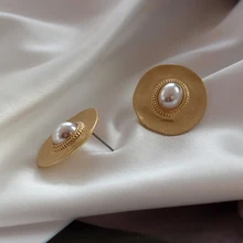 SRCOI, корейские винтажные жемчужные серьги золотого и серебряного цвета, круглые искусственные геометрические свадебные серьги с жемчугом, женские вечерние серьги, великолепные лучшие подарки