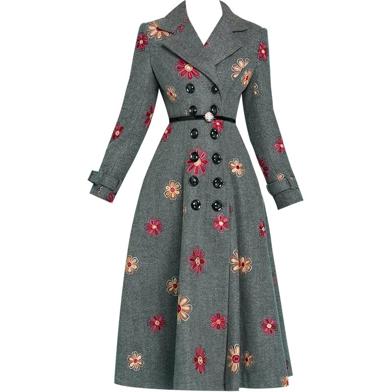 Элегантный дизайн осень и зима Новое поступление Цветочная вышивка пальто двубортное длинное винтажное шерстяное пальто для женщин B1149