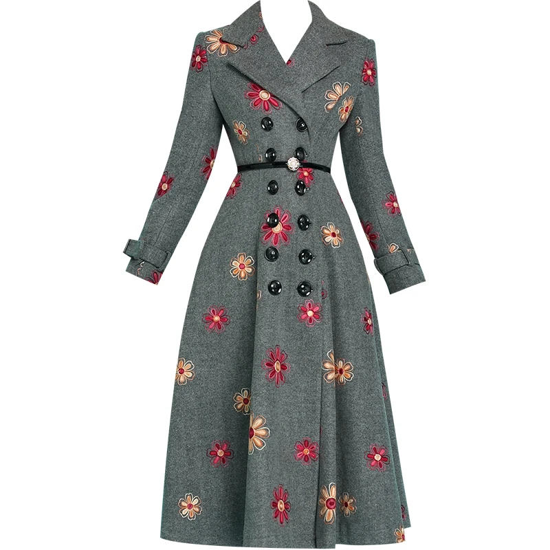 Elegant Design Autumn and Winter 2018 new arrival flower embroidered overcoat Double Breasted long vintage wool coat women B1149 Elegant Design Autumn and Winter 2018 new arrival flower embroidered overcoat Double Breasted long vintage wool coat women B1149