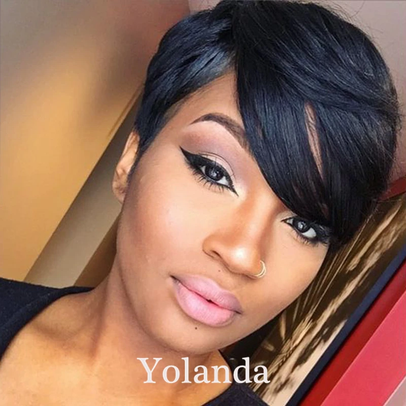 Brazilian glueless short human cut hair wigs with bangs full lace 130