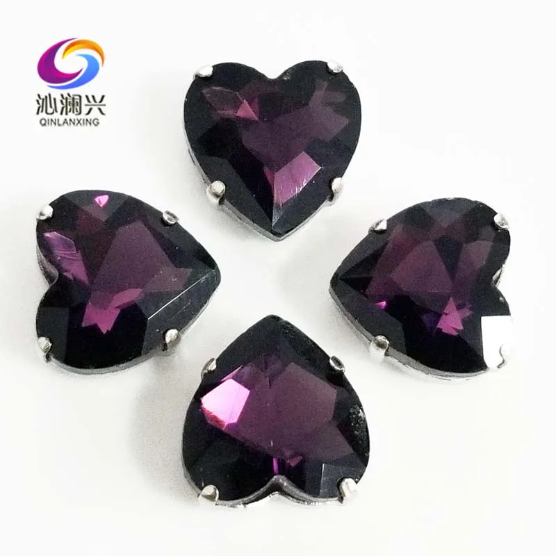 

Deep purple heart shape top quality Glass Crystal claw rhinestones,sew on stone with holes for Diy Clothing accessories SWH17