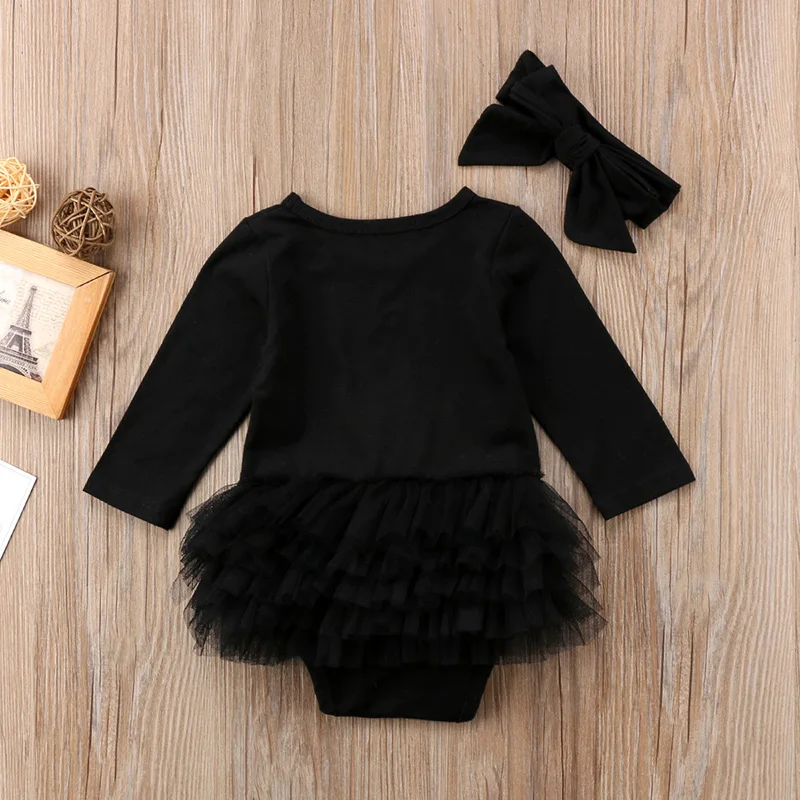 2 предмета, милая Одежда для новорожденных девочек черный хлопковый комбинезон с длинными рукавами, юбка-пачка, комбинезон+ повязка на голову, костюм принцессы, Sunsuit