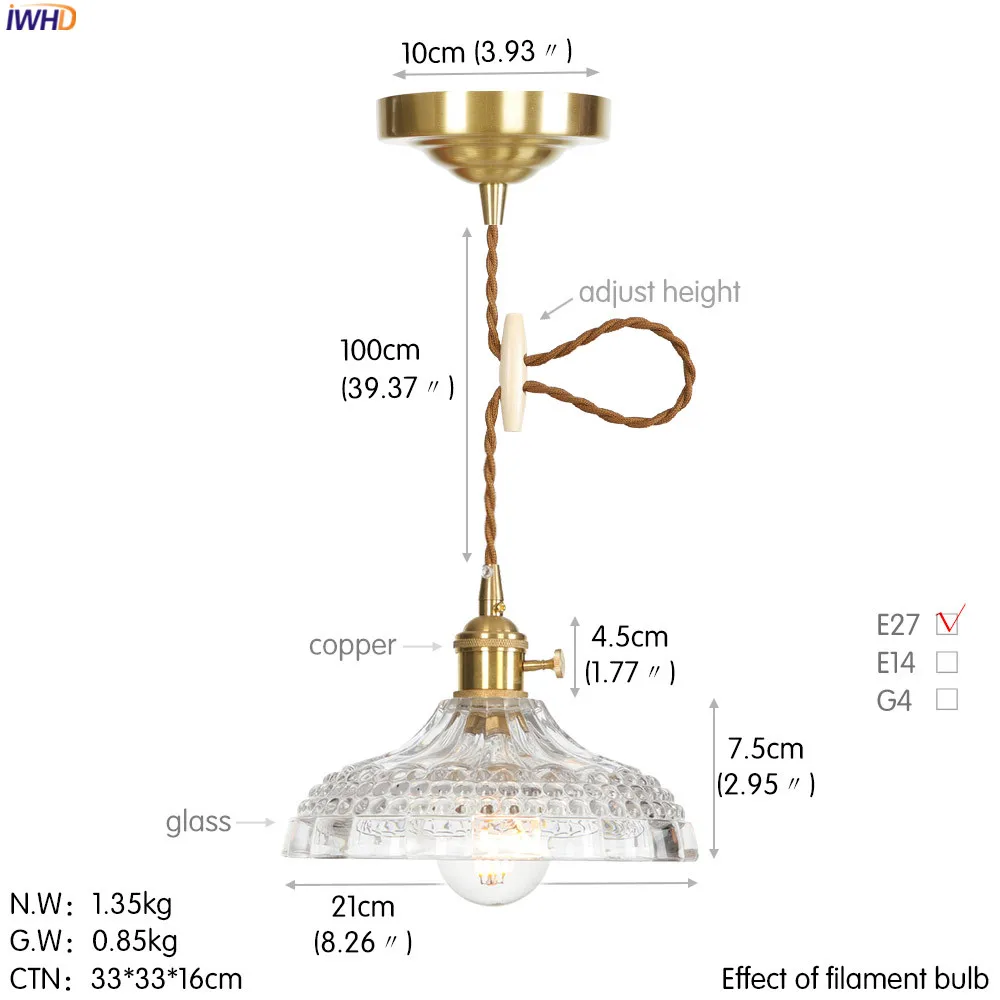 IWHD медный скандинавский стеклянный подвесной светильник, светильники для столовой, гостиной, подвесные лампы, светодиодный подвесной светильник ing Lampara Colgante Lampen
