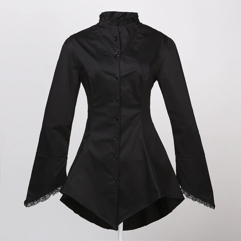 

Black Cotton Stand Collar Full Sleeve Long Victorian Gothic Shirt Women Blouses 2017 Vintage Steampunk Clothing Blusas Femininas