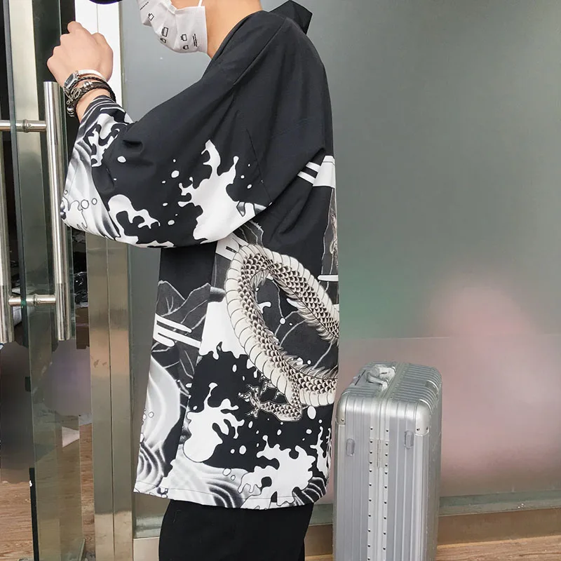Mens Harajuku Japanese Style Kimono Casual Jackets Streetwear Chinese Dragon Print Jacket Coat Summer Thin Gown Male 2018 Autumn Mens Harajuku Japanese Style Kimono Casual Jackets Streetwear Chinese Dragon Print Jacket Coat Summer Thin Gown Male 2018 Autumn