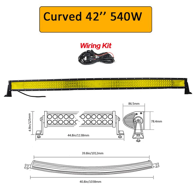 Auxtings 2" 32" 4" 52" изогнутый светодиодный светильник, рабочий светильник 7D, Светодиодная панель желтого цвета, 4x4, грузовик, квадроцикл, крыша автомобиля, внедорожный Янтарный противотуманный светильник - Цвет: 540W with wiring