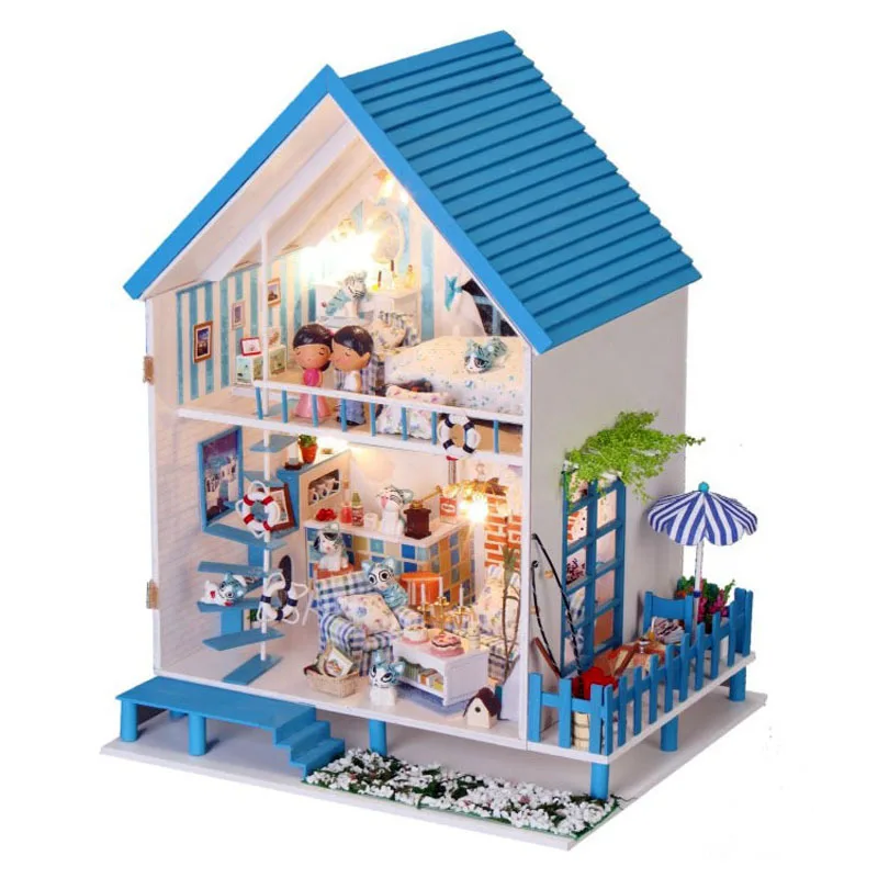 

Wooden Beach Villa Aegean Sea House Model DIY Doll House Light Miniature Dollhouse Furniture Kits Xmas Puzzle Gift For Kids