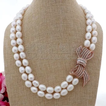 

N101908 19"-21" 2 Strands White Rice Pearl CZ Pendant Necklace