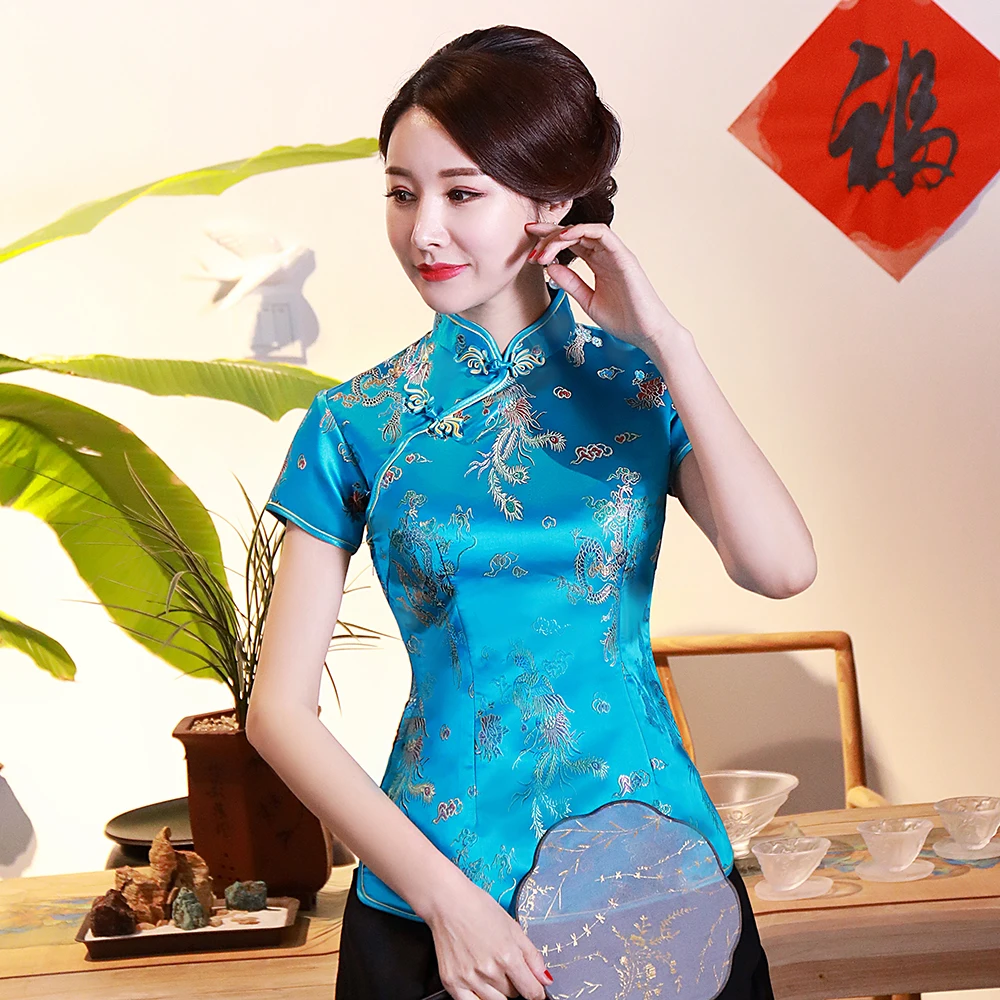 Drachen Phoenix Chinesischen Nationalen Frauen Bluse NEUE Casual Sommer Kurzarm Shirt Tops Traditionellen Mandarin Kragen Kleidung