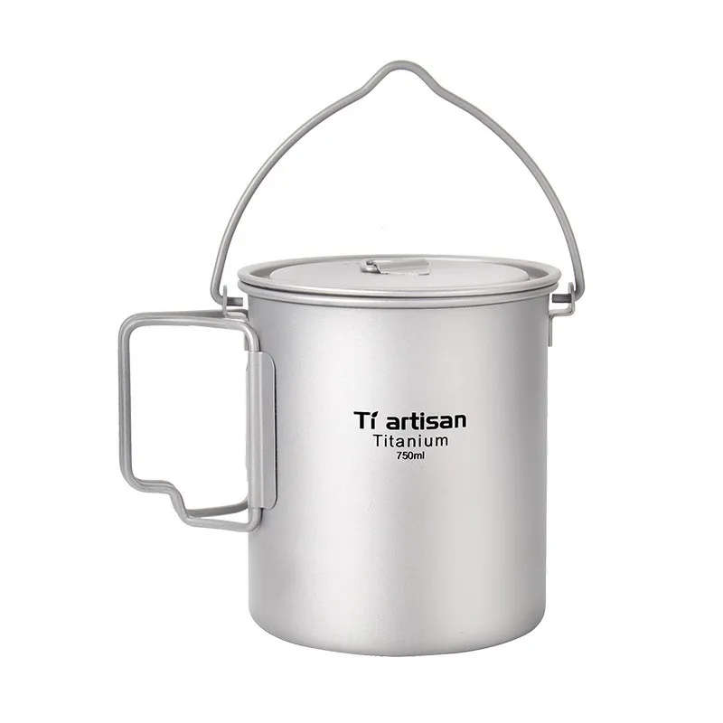 Outdoor pure titanium 750ml hanging pot folding handle travel camping cooking pot lunch box water cup with lid handle and hookup