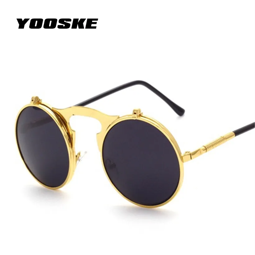 YOOSKE высокое качество стимпанк Солнцезащитные очки для женщин и мужчин брендовые круглые раскладушки очки металлическая оправа Мужские Женские зеркальные солнцезащитные очки