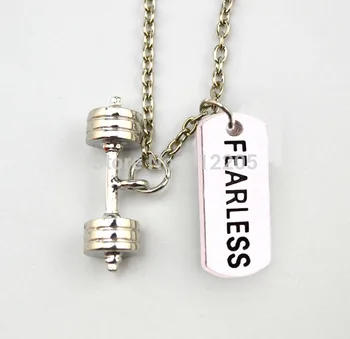 

New Fitness Weightlifting jewelry 30pcs a lot Dumbbell barbell with FEARLESS sports Gym necklace(A1314)