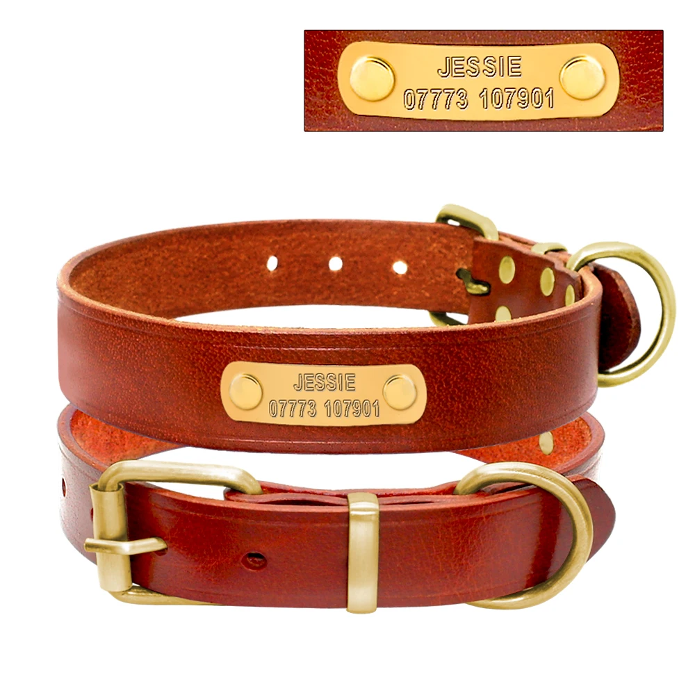 Personalized Dog ID Collar Genuine Leather Small Medium Dogs Cat Collar Custom Pet Name And Phone Number Free Engraving 