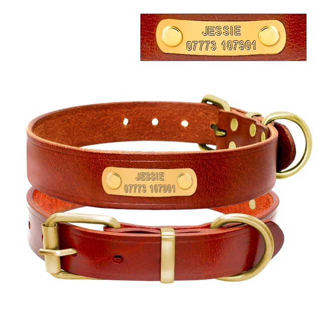 Personalized Dog ID Collar Genuine Leather Small Medium Dogs Cat Collar