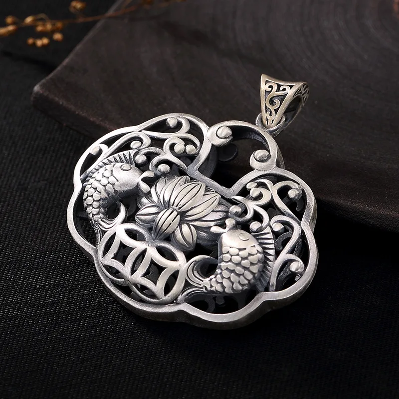 

2018 Hot Sale S925 Pure Silver National Wind Hollow Out Ms Lotus Carp Copper Ruyi Archaize Pendants Wholesale