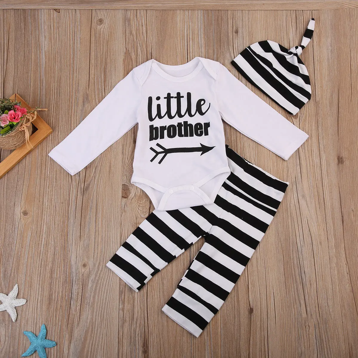 Baby Boys Little Brother Clothes Bodysuit+Long Pants Hat 3PCS Outfits
