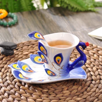 

( 1 Piece ) Exquisite Interesting Chinese Colorful Porcelain Enamel Peacock Statue Coffee Cup, Tea Cup with Plate and Spoon
