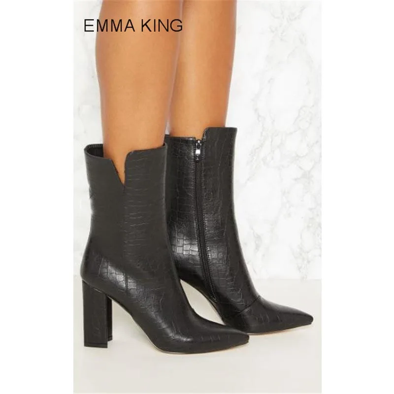 

EMMA KING Crocodile PU Women Autumn Boots Square High Heels Pointed Toe Mid Calf Mujer Shoes Side Zipper Black Boots For Party