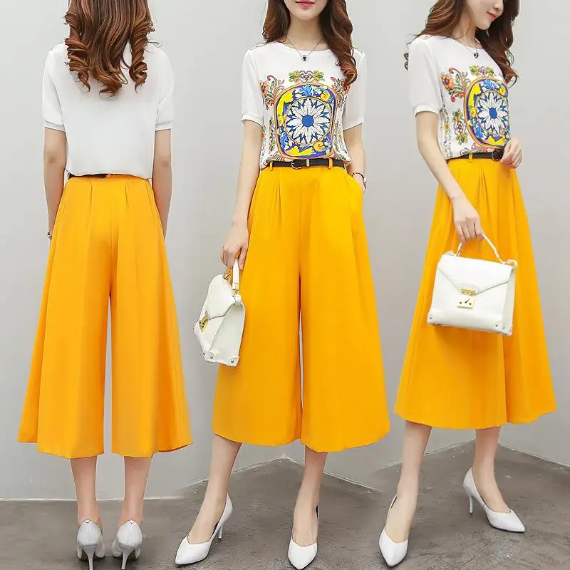 2017 Novas Mulheres Verão camiseta Flared Pant Set Floral Tropical imprimir Top de Chiffon Camisa Amarela Décimos pant 2 peça definir mulheres