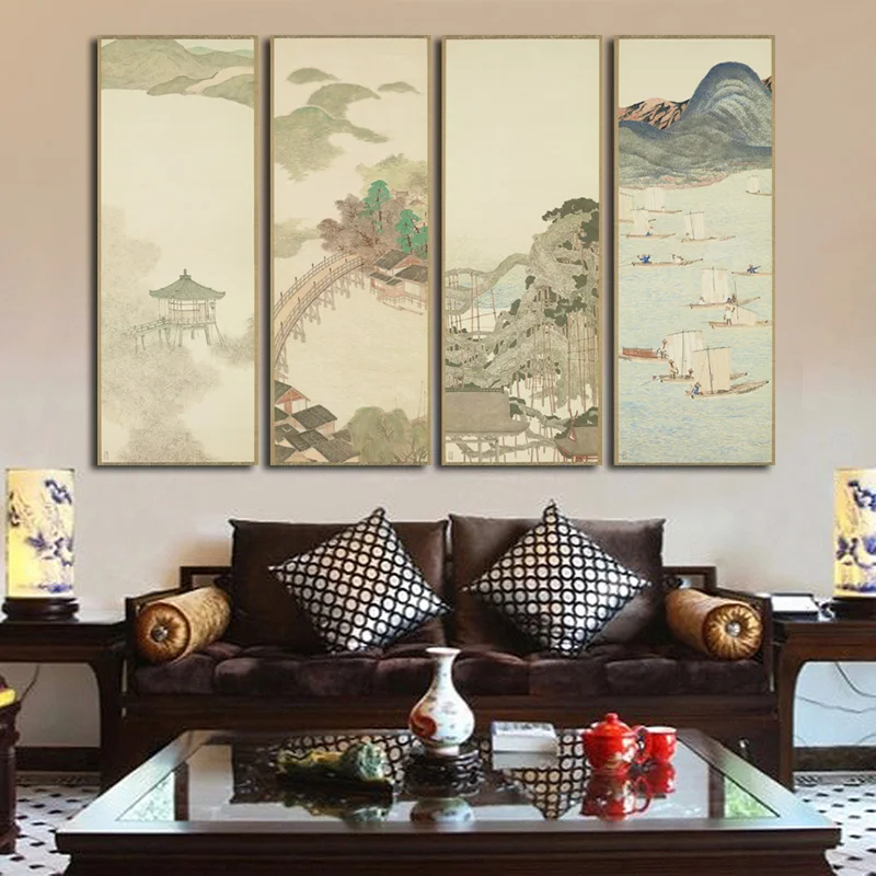 4 шт. парусиновая печать японский Ukiyo e весенний классический пейзаж коллекция