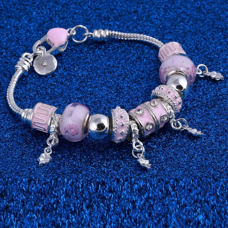 925 серебряные Кристальные очаровательные браслеты для женщин с розовыми муранскими стеклянными бусинами браслеты и браслеты DIY женский ювелирный браслет