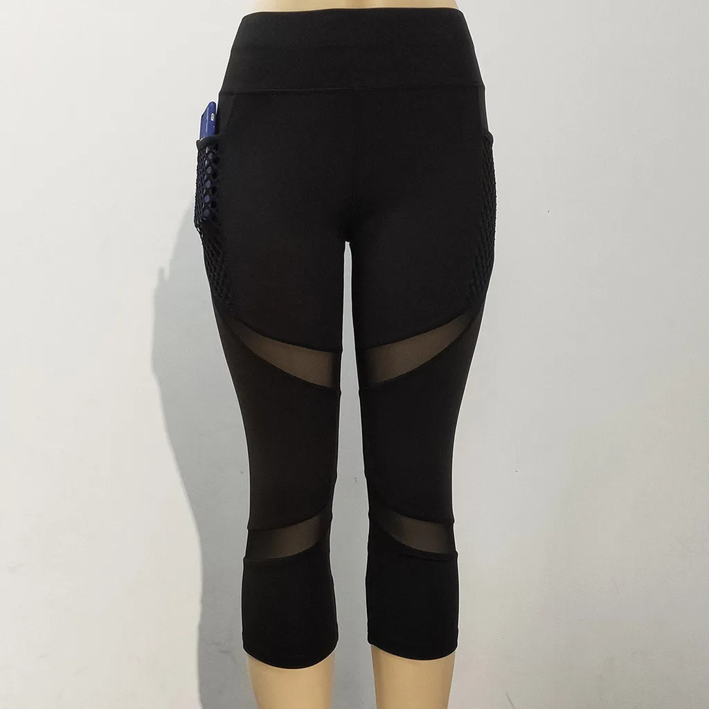 

Women Legging Ptachwork Mesh Black Capri Leggings Plus Size Sexy Fitness Sporting Pants with Pocket Mid-Calf Trousers jegging #N