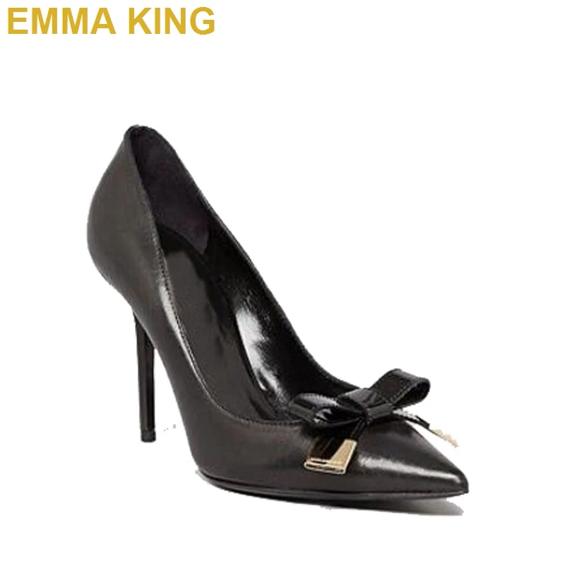 

Wholesale Black PU Leather Thin Heel Pumps Bow Decor Pointy Toe Women High Heels Shoes 2019 Sexy Lady Evening Shoes Party Heels