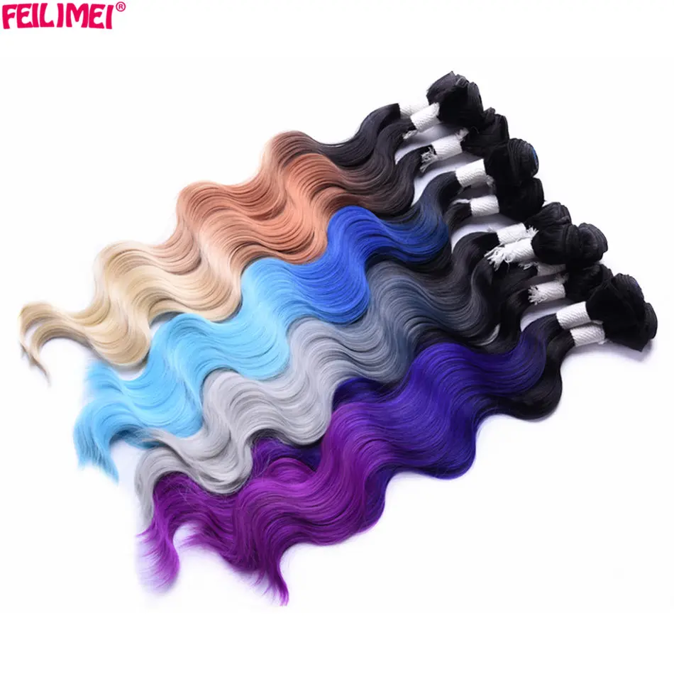 

Feilimei Ombre Gray Hair Extensions 18" 20" 22" 280g Synthetic 4 Pcs/Set Purple Blonde Blue Green Body Wave Hair Weft Weaving