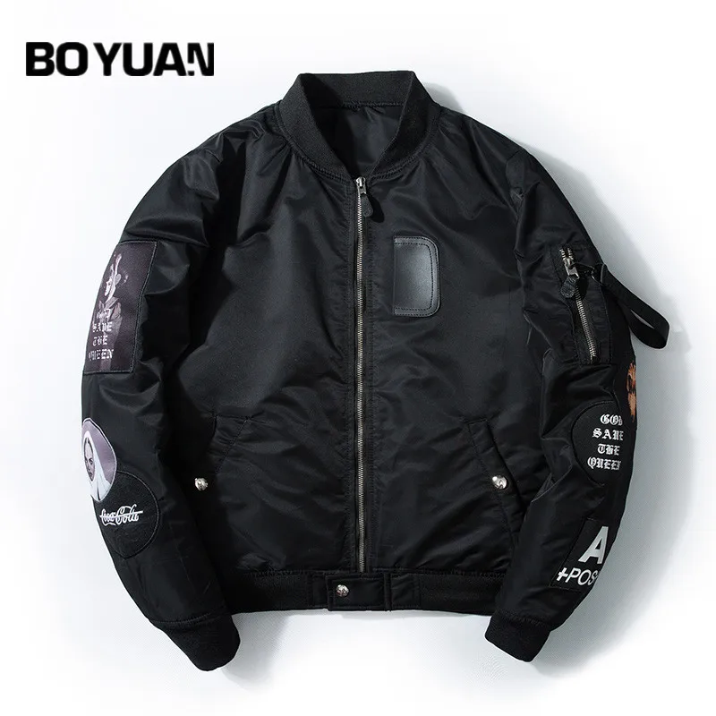 BOYUAN Patch Designs Bomber Jacket Men Coat Letters Embroidery Hip Hop