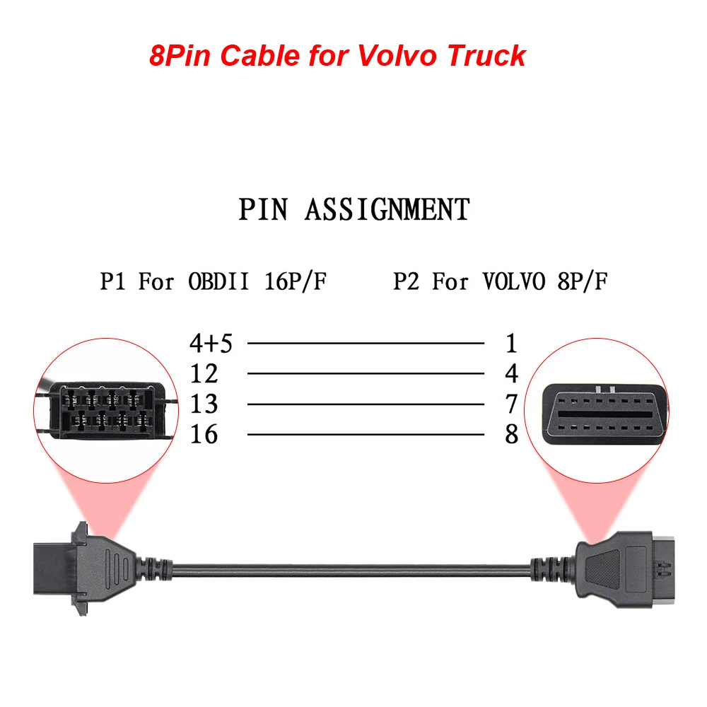 Удлинитель для грузовых кабелей Scania OBD OBD2 диагностический инструмент сканер разъем для Volvo для Renault/газ 12 Pin до 16 Pin - Цвет: 8Pin For Volvo