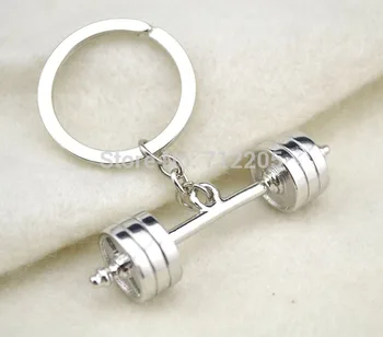

New Arrival 50pcs a lot rhodium plated Dumbbell Barbell Weight pendant key chain Fitness Weightlifting Gym jewelry